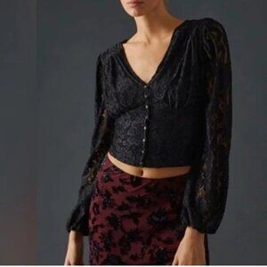 By Anthropologie Balloon-Sleeve Lace Wrap Blouse Black Small